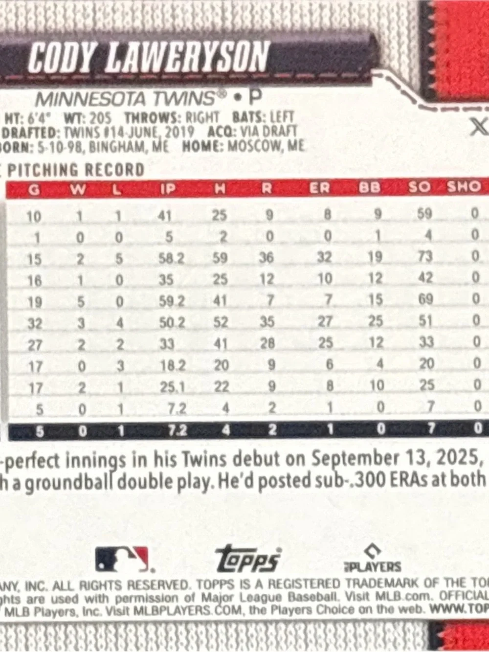 Topps Cody Laweryson Minnesota Twins Rookie Baseball Card